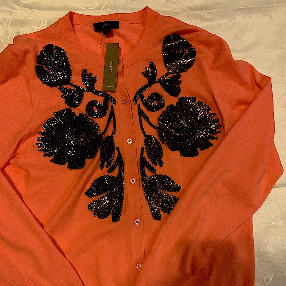 J. Crew apricot cardigan with burgundy sequin!